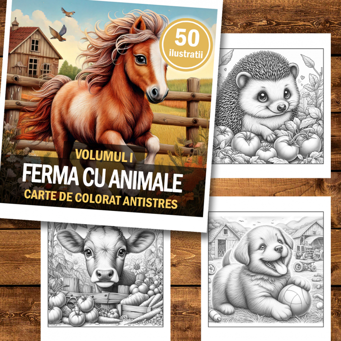 Carte de colorat antistres , 50 de ilustratii Ferma cu animale - Volumul I, 106 pagini [2]