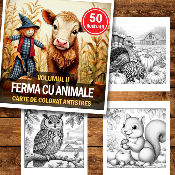 Carte de colorat antistres , 50 de ilustratii Ferma cu animale - Volumul II, 106 pagini [2]