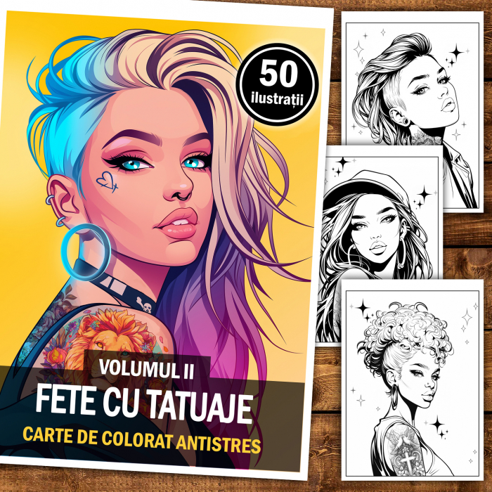 Carte de colorat antistres , 50 de ilustratii Fete cu tatuaje - Volumul II, 106 pagini [2]