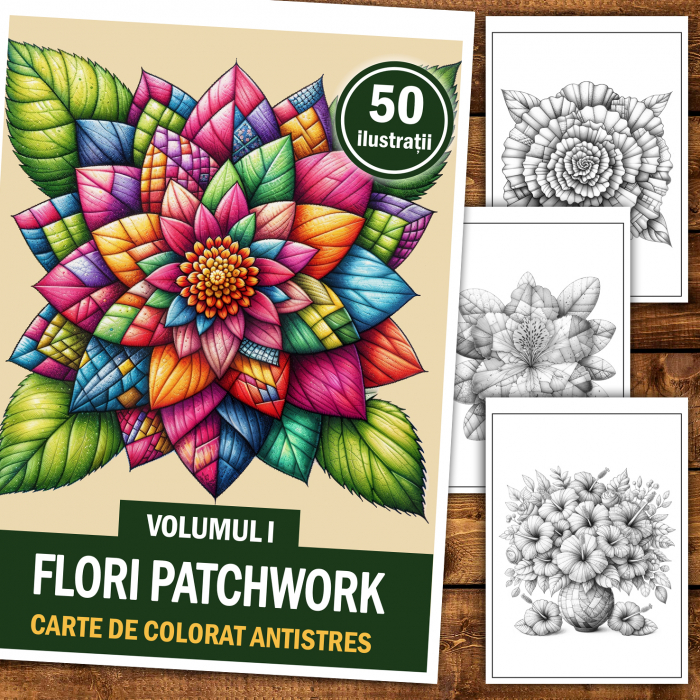 Carte de colorat antistres , 50 de ilustratii Flori Patchwork - Volumul I, 106 pagini [2]