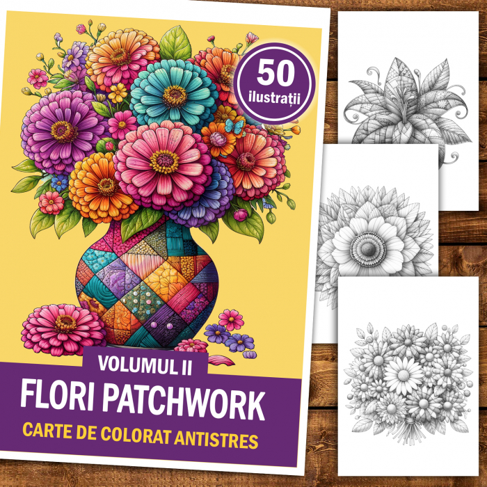 Carte de colorat antistres , 50 de ilustratii Flori Patchwork - Volumul II, 106 pagini [2]