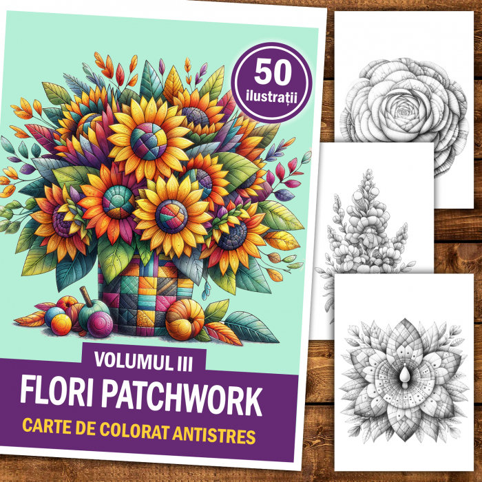 Carte de colorat antistres , 50 de ilustratii Flori Patchwork - Volumul III, 106 pagini [2]