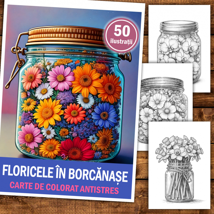 Carte de colorat antistres , 50 de ilustratii Floricele in Borcanase, 106 pagini [2]