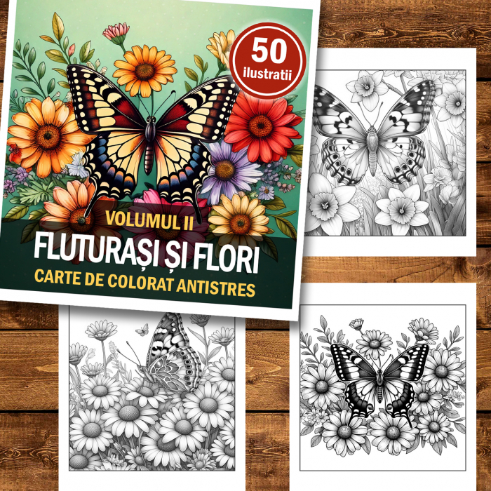 Carte de colorat antistres , 50 de ilustratii Fluturasi si Flori - Volumul II, 106 pagini [2]