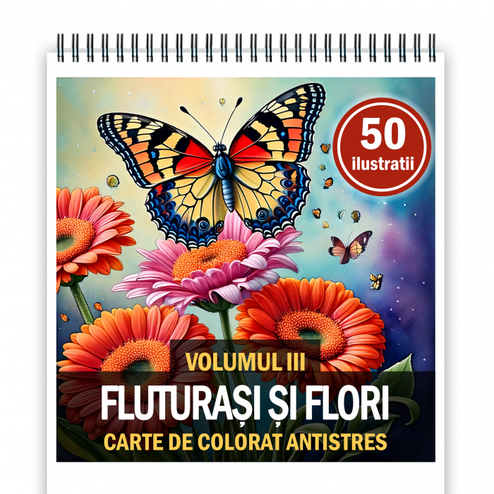 Carte de colorat antistres , 50 de ilustratii Fluturasi si Flori - Volumul III, 106 pagini [1]