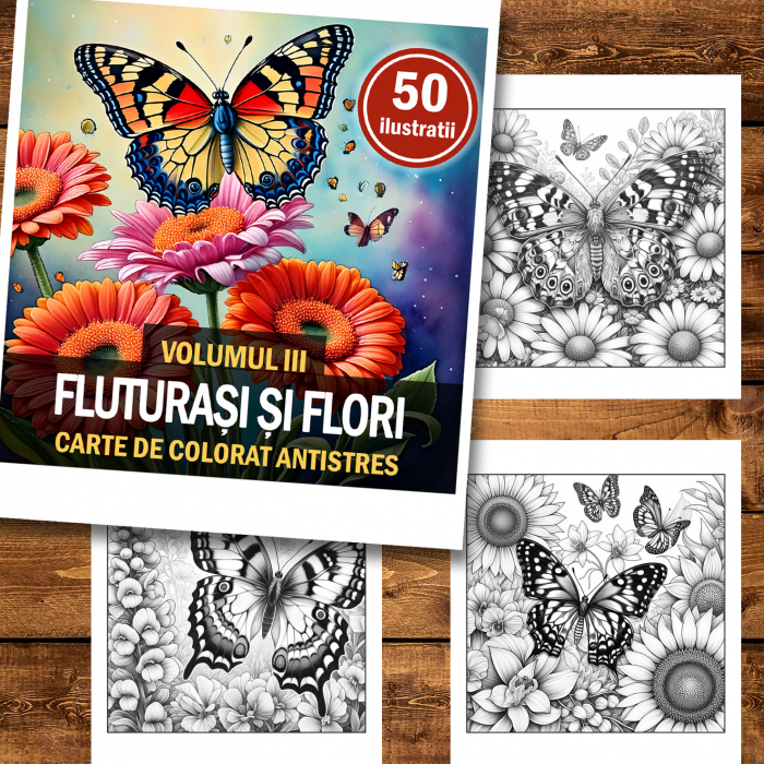 Carte de colorat antistres , 50 de ilustratii Fluturasi si Flori - Volumul III, 106 pagini [2]