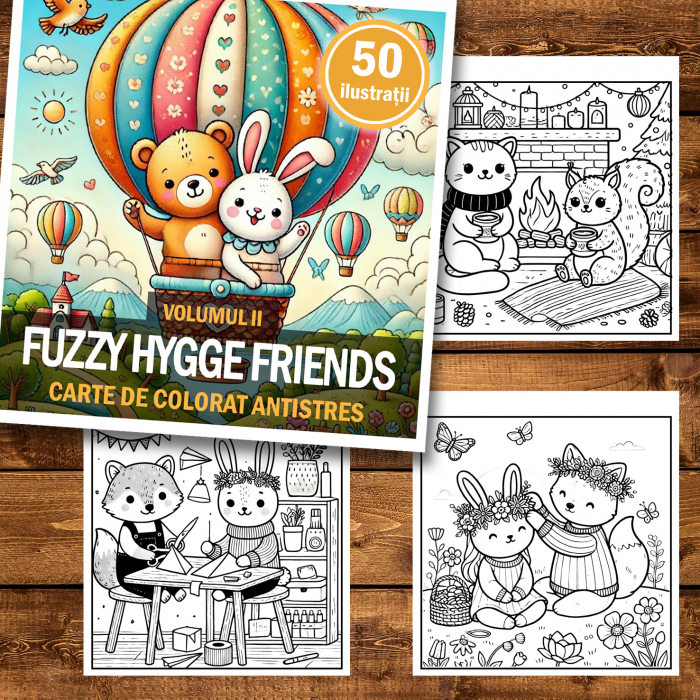 Carte de colorat antistres , 50 de ilustratii Fuzzy Hygge Friends - Volumul II,, 106 pagini [2]