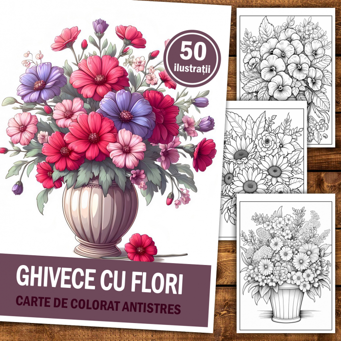 Carte de colorat antistres , 50 de ilustratii Ghivece cu Flori, 106 pagini [2]