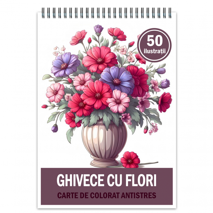 Carte de colorat antistres , 50 de ilustratii Ghivece cu Flori, 106 pagini [1]