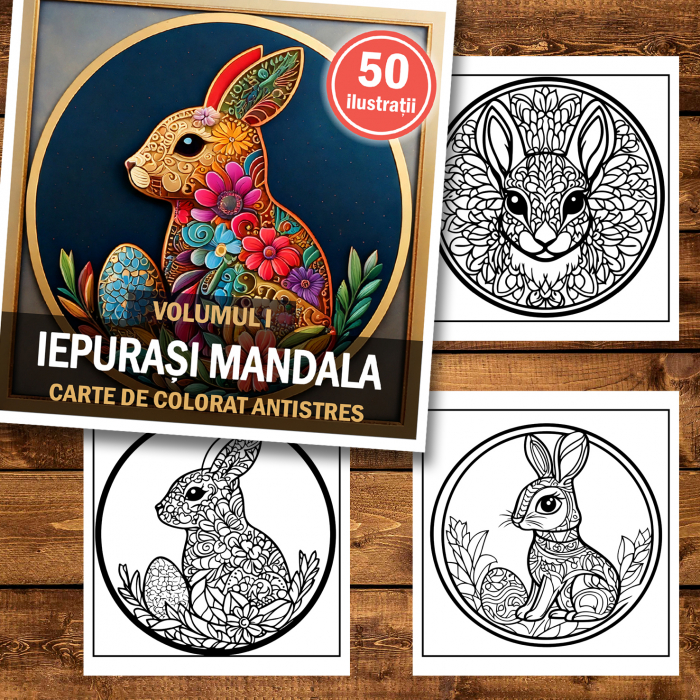 Carte de colorat antistres , 50 de ilustratii Iepurasi de Pasti Mandala - Volumul I, 106 pagini [2]