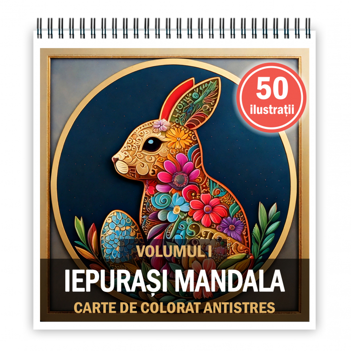 Carte de colorat antistres , 50 de ilustratii Iepurasi de Pasti Mandala - Volumul I, 106 pagini [1]