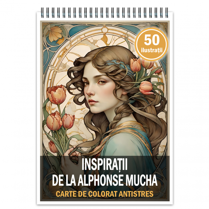 Carte de colorat antistres , 50 de ilustratii  Inspiratii de la Alphonse Mucha, 106 pagini [1]