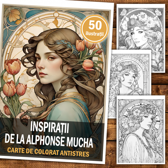 Carte de colorat antistres , 50 de ilustratii  Inspiratii de la Alphonse Mucha, 106 pagini [2]