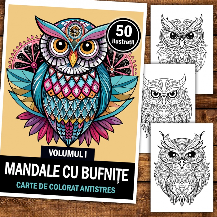 Carte de colorat antistres , 50 de ilustratii Mandale cu Bufnite - Volumul I, 106 pagini [2]