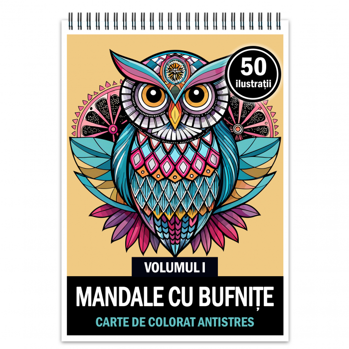 Carte de colorat antistres , 50 de ilustratii Mandale cu Bufnite - Volumul I, 106 pagini [1]