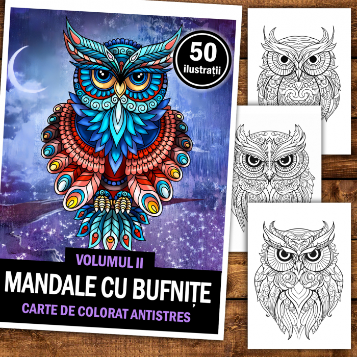 Carte de colorat antistres , 50 de ilustratii Mandale cu Bufnite - Volumul II, 106 pagini [2]