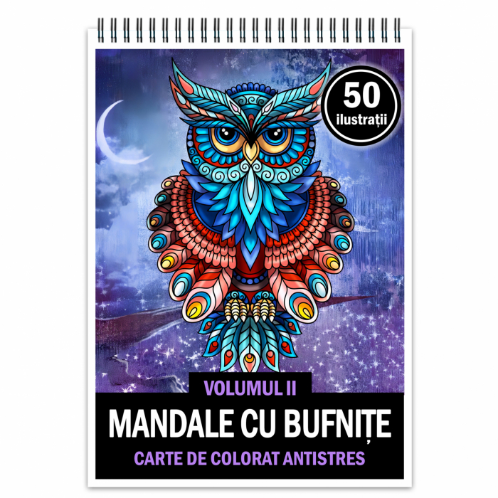 Carte de colorat antistres , 50 de ilustratii Mandale cu Bufnite - Volumul II, 106 pagini [1]