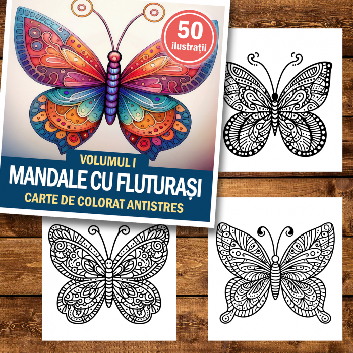 Carte de colorat antistres , 50 de ilustratii Mandale cu Fluturasi - Volumul I, 106 pagini [2]