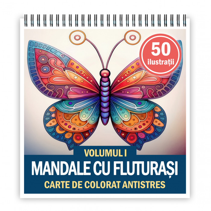 Carte de colorat antistres , 50 de ilustratii Mandale cu Fluturasi - Volumul I, 106 pagini [1]