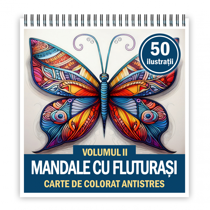 Carte de colorat antistres , 50 de ilustratii Mandale cu Fluturasi - Volumul II, 106 pagini [1]