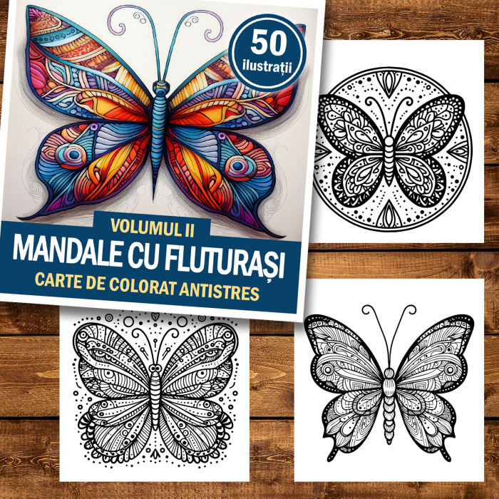 Carte de colorat antistres , 50 de ilustratii Mandale cu Fluturasi - Volumul II, 106 pagini [2]