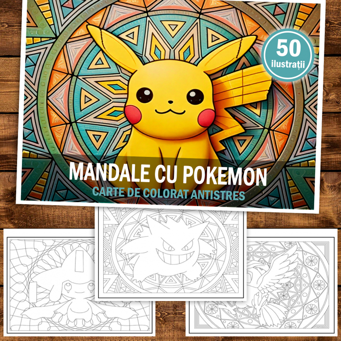 Carte de colorat antistres , 50 de ilustratii Mandale cu Pokemon, 106 pagini [2]