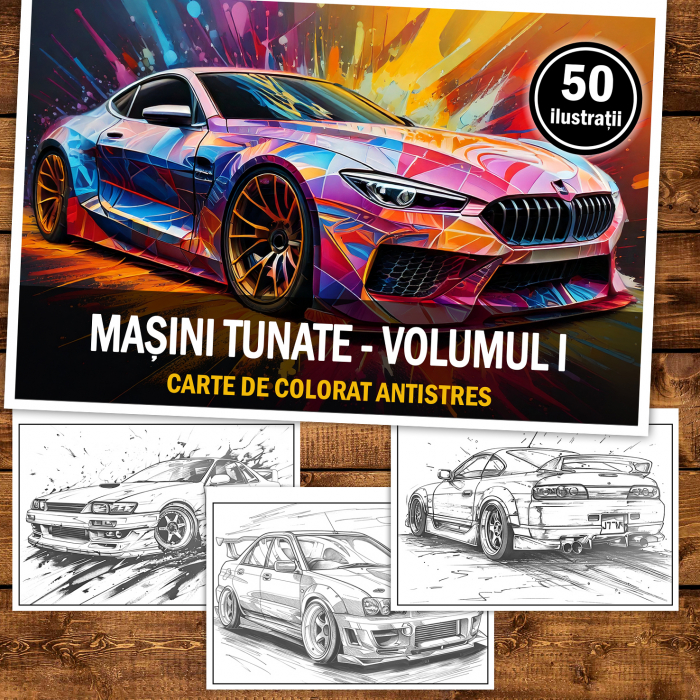 Carte de colorat antistres , 50 de ilustratii Masini Tunate - Volumul I, 106 pagini [2]