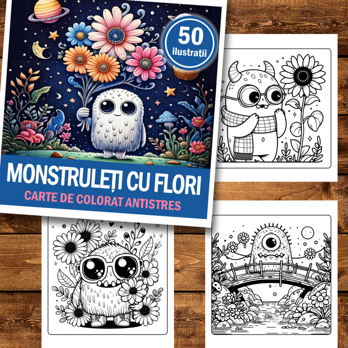 Carte de colorat antistres , 50 de ilustratii Monstruleti cu Flori, 106 pagini [2]