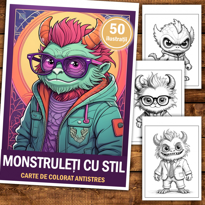 Carte de colorat antistres , 50 de ilustratii Monstruleti cu Stil, 106 pagini [2]