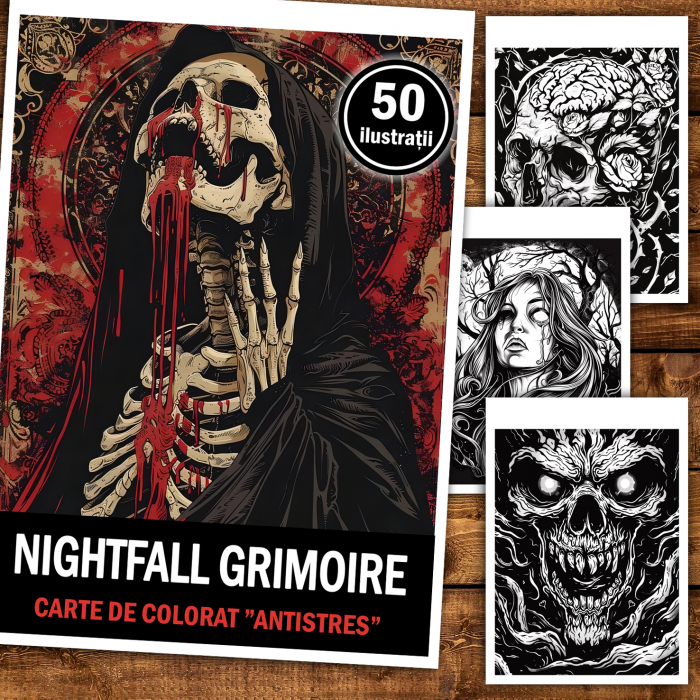 Carte de colorat antistres , 50 de ilustratii Nightfall Grimoire, 106 pagini [2]
