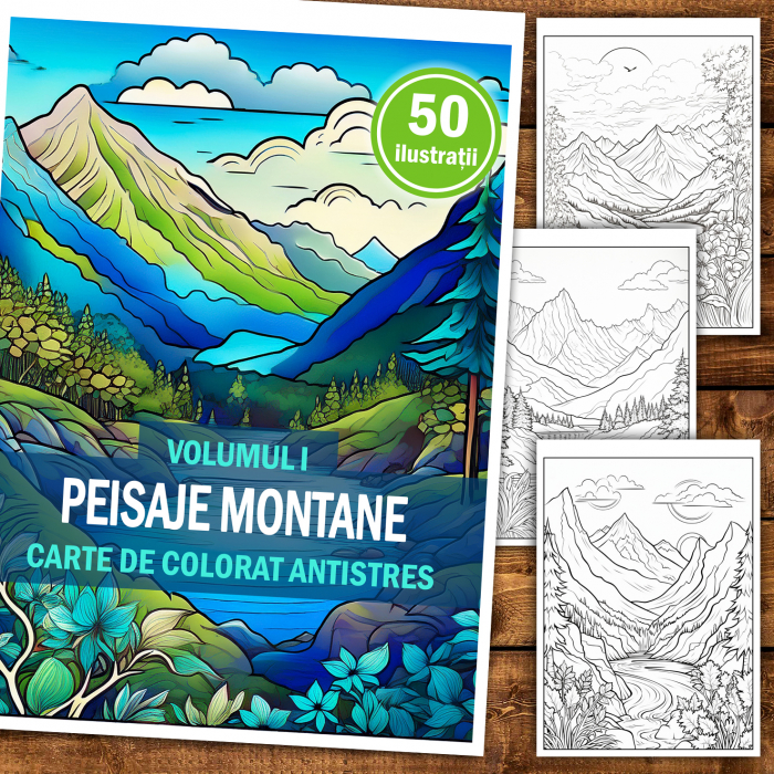 Carte de colorat antistres , 50 de ilustratii Peisaje Montane - Volumul I, 106 pagini [2]