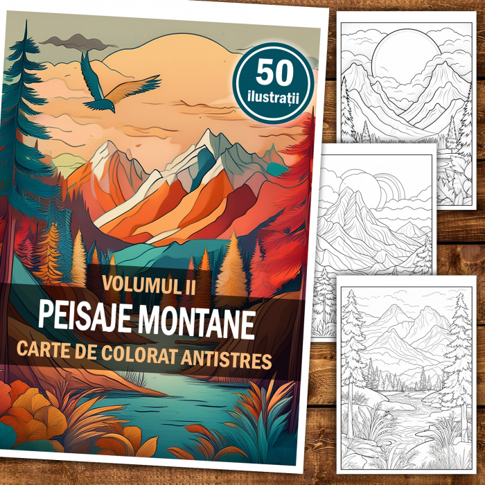 Carte de colorat antistres , 50 de ilustratii Peisaje Montane - Volumul II, 106 pagini [2]