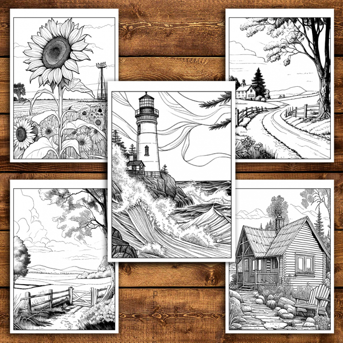 Carte de colorat antistres , 50 de ilustratii Peisaje Simple, 106 pagini [5]