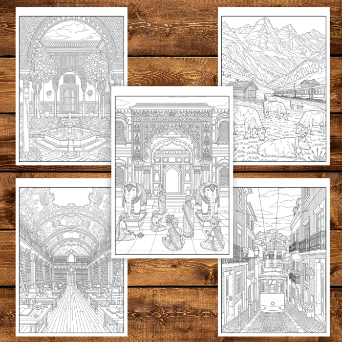 Carte de colorat antistres, 50 de ilustratii Peisaje - Volumul II, 106 pagini [4]