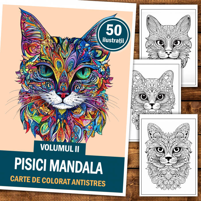 Carte de colorat antistres , 50 de ilustratii Pisici Mandala - Volumul II, 106 pagini [2]