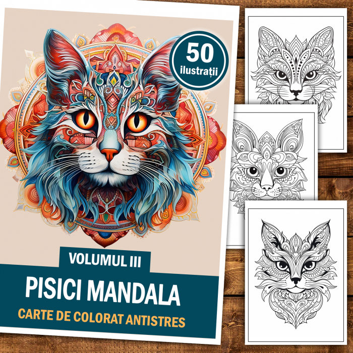 Carte de colorat antistres , 50 de ilustratii Pisici Mandala - Volumul III, 106 pagini [2]