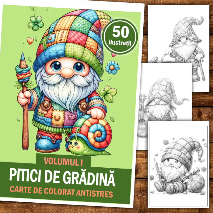 Carte de colorat antistres , 50 de ilustratii Pitici de Gradina - Volumul I, 106 pagini [2]