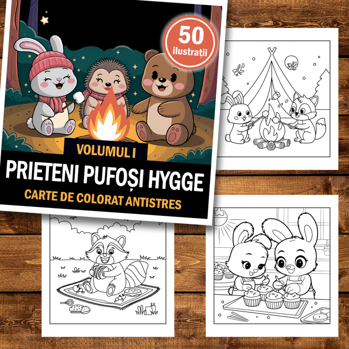 Carte de colorat antistres , 50 de ilustratii Prieteni Pufosi Hygge - Volumul I, 106 pagini [2]