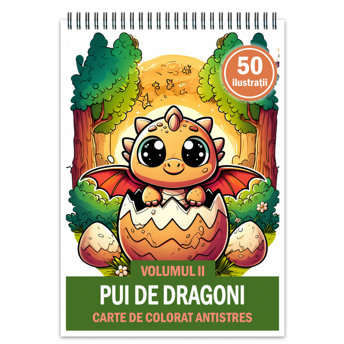 Carte de colorat antistres , 50 de ilustratii Pui de Dragoni - Volumul II, 106 pagini [1]