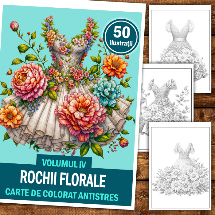 Carte de colorat antistres , 50 de ilustratii Rochii Florale - Volumul IV, 106 pagini [2]