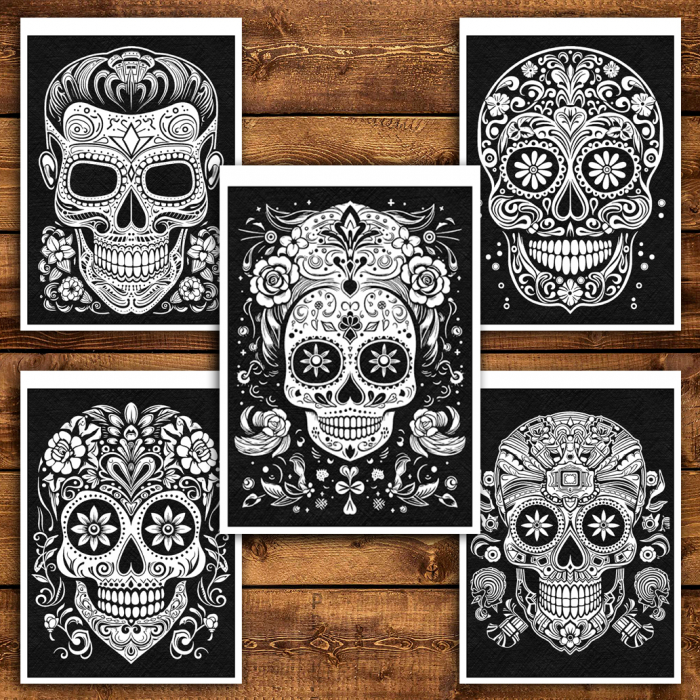 Carte de colorat antistres , 50 de ilustratii Sugar Skulls pe fundal negru, 106 pagini [4]