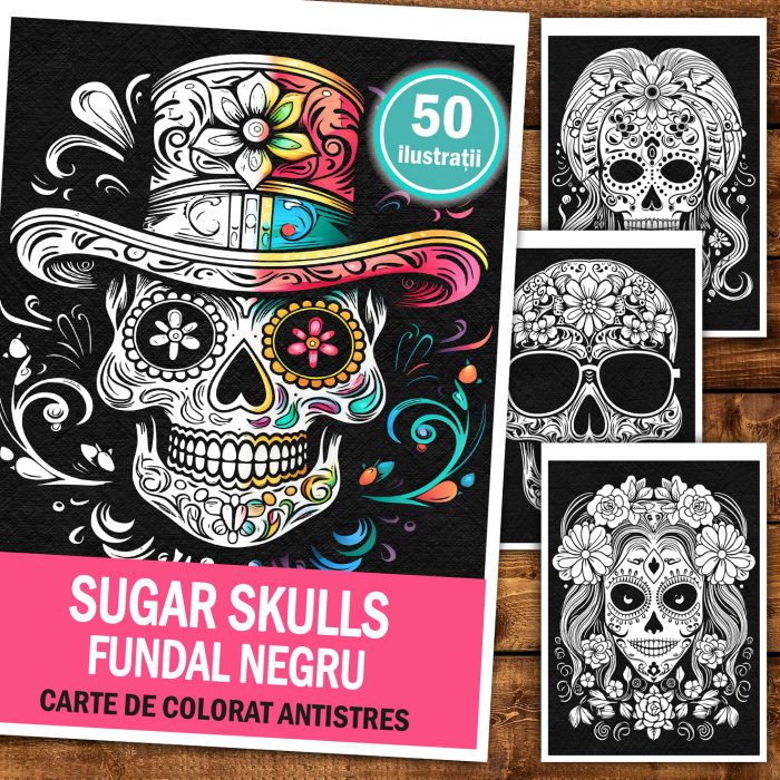 Carte de colorat antistres , 50 de ilustratii Sugar Skulls pe fundal negru, 106 pagini [2]