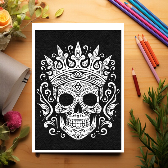 Carte de colorat antistres , 50 de ilustratii Sugar Skulls pe fundal negru, 106 pagini [3]