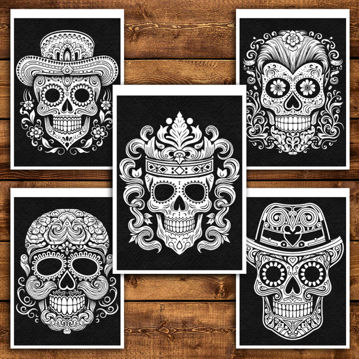 Carte de colorat antistres , 50 de ilustratii Sugar Skulls pe fundal negru, 106 pagini [5]
