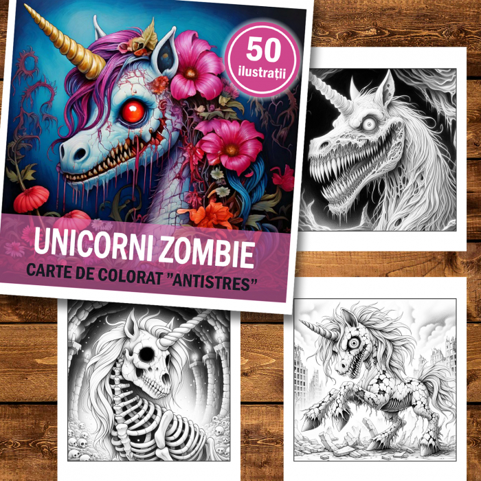 Carte de colorat antistres , 50 de ilustratii Unicorni Zombie, 106 pagini [2]