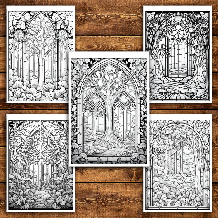 Carte de colorat antistres , 50 de ilustratii Vitralii cu Paduri, 106 pagini [5]