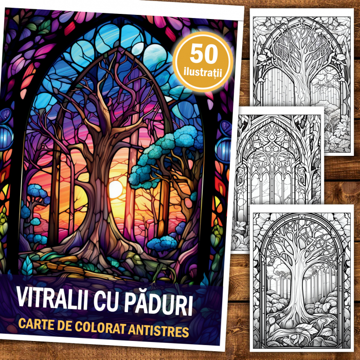 Carte de colorat antistres , 50 de ilustratii Vitralii cu Paduri, 106 pagini [2]