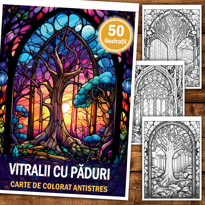 Carte de colorat antistres , 50 de ilustratii Vitralii cu Paduri, 106 pagini [2]