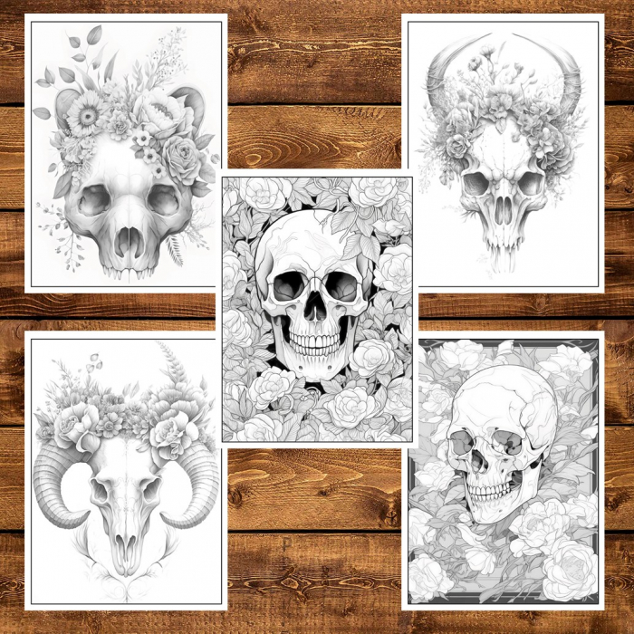 Carte de colorat pentru adulti, 50 de ilustratii, Cranii Florale, 106 pagini [6]