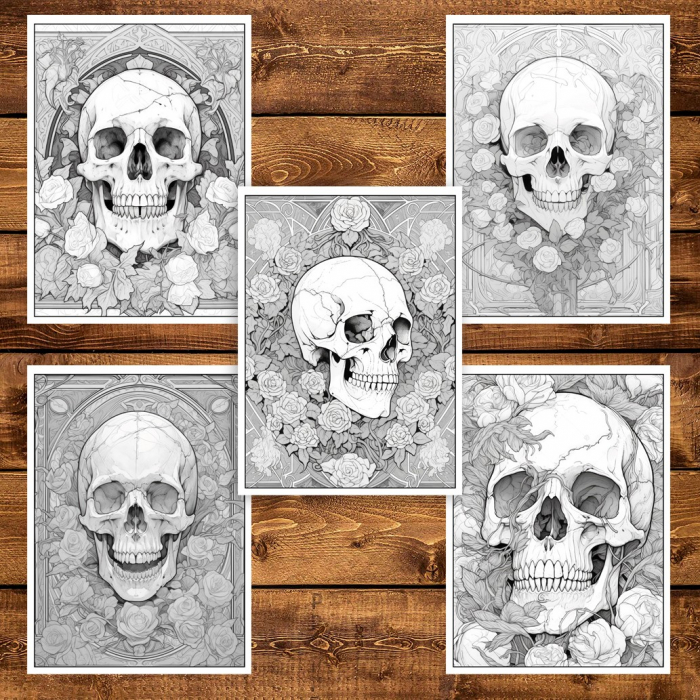 Carte de colorat pentru adulti, 50 de ilustratii, Cranii Florale, 106 pagini [5]